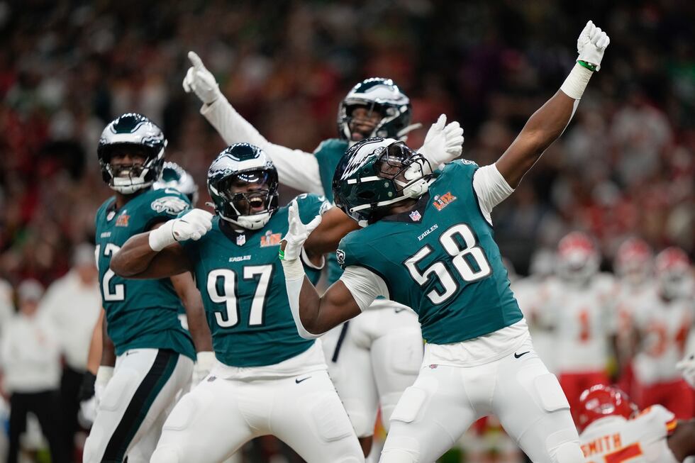 Philadelphia Eagles linebacker Jalyx Hunt (58) celebrates after sacking Kansas City Chiefs...